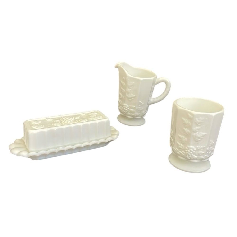 Vintage Westmoreland Paneled Grape milk glass butter dish,‎ creamer & open sugar